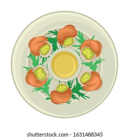 Escargot Dish With Greenery Served On Plate Top View Vector Illustration