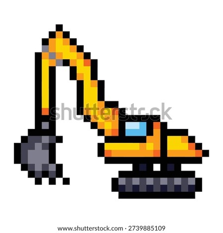 Escavator heavy machine pixel art colorful illustration isolated on square white background.
