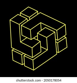 Escher style. Impossible cube. Line design. Impossible shapes. Optical illusion objects. Optical art. Geometry.