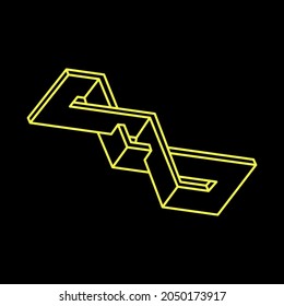 Escher style. Impossible shapes. Optical illusion. Linear infinite object. Abstract eternal geometric figure. Impossible geometry sign outline, black background. Optical art.