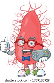 Escherichia talented gamer mascot design play game with controller. Vector illustration
