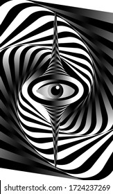 El estilo surrealista de Escher. Ojo mágico. Olas blancas y negras abstractas.