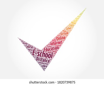 Marca de comprobación de escuela electrónica collage de palabras en la nube, antecedentes del concepto educativo