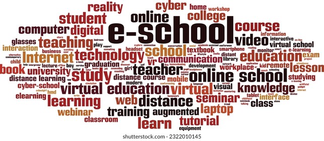 Concepto de nube de palabras de escuela electrónica. Collage hecho de palabras sobre e-school. Ilustración del vector