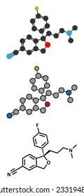Escitalopram antidepressant drug (SSRI class) molecule. Conventional skeletal formula and stylized representations. 