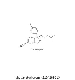 Escitalopram molecule flat skeletal structure, SSRI - Selective serotonin reuptake inhibitor class drug used in depression treatment. Vector illustration on white background.
