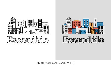 Vista panorâmica do Escondido com o Parque Safari e edifícios do centro da cidade para uma arte vibrante da paisagem urbana.