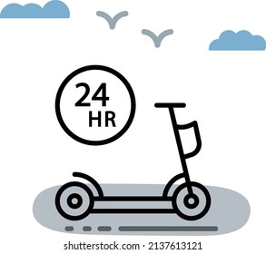 eScooter 24 hours Logo Concept, Bike Rental Service Time Vector Icon Design, Green transport Symbol, eco Motorized scooty Sign, push-scooter and street vehicle stock illustration