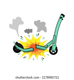 E-scooter broken in half after battery explodes. Vector illustration.