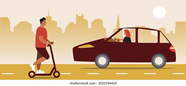 E-scooter y auto en urbano. Ilustración de material vectorial plano. Un joven en una motocicleta electrónica y una mujer en un auto. Varios transportes. Auto eléctrico y motocicleta eléctrica. Gráficos vectoriales