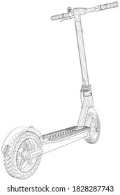 E-Scooter. Línea aislada del bastidor de alambre. Representación vectorial de 3d.