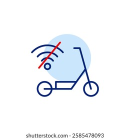 E-scooter and no wi-fi symbol. Offline driving mode, internet access unavailable. Pixel perfect, editable stroke vector icon