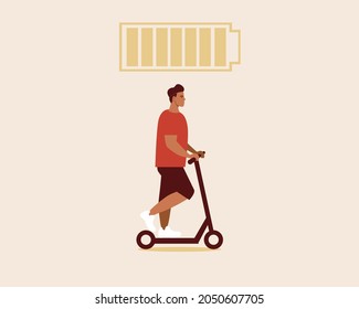 E-scooter, energía renovable. Ilustración de material vectorial plano. Transporte ecológico. Indicador para recargar la motocicleta eléctrica. El hombre se mueve en una moto. Ilustración aislada