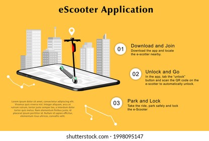 e-scooter and rental app. Mobile user interface for electric scooter sharing service. Vector.