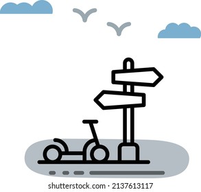 eScooter with signpost Concept, Bike with Wooden direction Board Vector Icon Design, Green transport Symbol, eco Motorized scooty Sign, push-scooter and street vehicle stock illustration