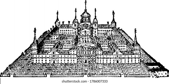 Escorial, the most remarkable buildings in Europe, comprising at once a convent, a church, a palace, and a mausoleum, located on the south-eastern versant of the Sierra de Guadarrama, vintage