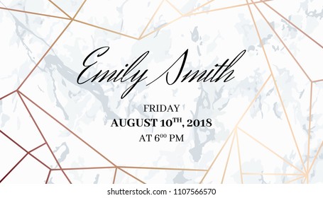 Escort card template of geometric design. White marble background and gold geometric pattern. Dimensions 3,5x2 Inches. Seamless pattern included in the palette.