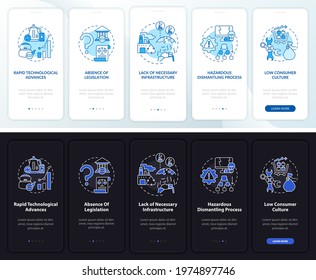 E-scrap manage problems onboarding mobile app page screen with concepts. Consumerism walkthrough 5 steps graphic instructions. UI, UX, GUI vector template with linear night and day mode illustrations