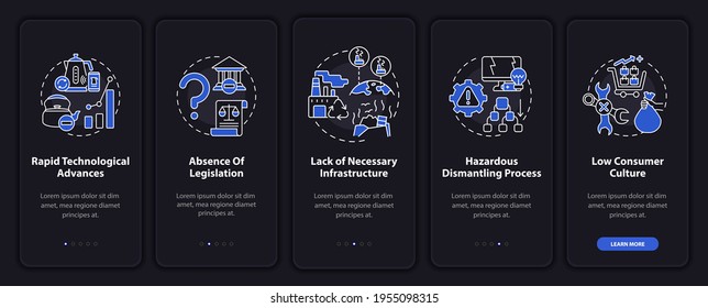 E-scrap management problems onboarding mobile app page screen with concepts. Tech advance walkthrough 5 steps graphic instructions. UI, UX, GUI vector template with linear night mode illustrations