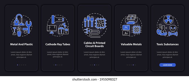 E-scrap parts onboarding mobile app page screen with concepts. Valuable metal, toxic material walkthrough 5 steps graphic instructions. UI, UX, GUI vector template with linear night mode illustrations
