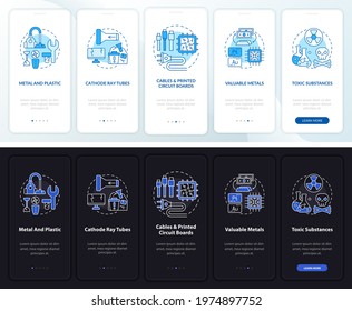 E-scrap parts onboarding mobile app page screen with concepts. Cables, circuit boards walkthrough 5 steps graphic instructions. UI, UX, GUI vector template with linear night and day mode illustrations