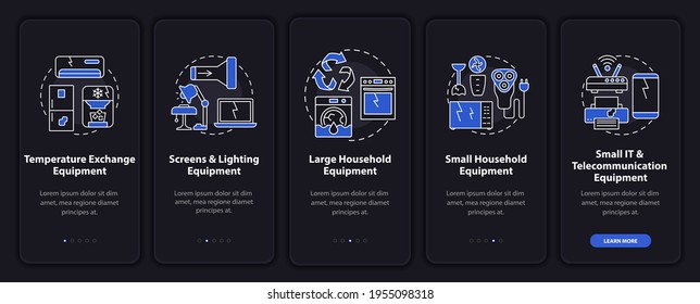 E-scrap types onboarding mobile app page screen with concepts. Temperature exchange equipment walkthrough 5 steps graphic instructions. UI, UX, GUI vector template with linear night mode illustrations