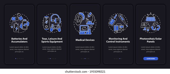 E-scrap types onboarding mobile app page screen with concepts. Accumulators, instruments walkthrough 5 steps graphic instructions. UI, UX, GUI vector template with linear night mode illustrations
