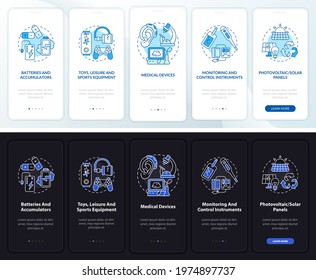 E-scrap types onboarding mobile app page screen with concepts. Medical, sports device walkthrough 5 steps graphic instructions. UI, UX, GUI vector template with linear night and day mode illustrations