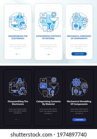 E-scrap utilization onboarding mobile app page screen with concepts. Classification walkthrough 3 steps graphic instructions. UI, UX, GUI vector template with linear night and day mode illustrations