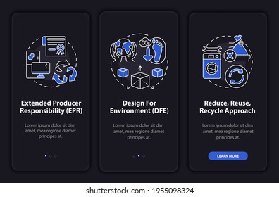 E-scrap utilization strategy onboarding mobile app page screen with concepts. RRR approach walkthrough 3 steps graphic instructions. UI, UX, GUI vector template with linear night mode illustrations