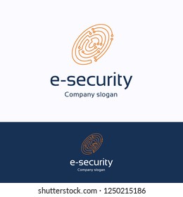 e-security logo. Fingerprints electronic board orange blue logotype. Criminalistics chip template