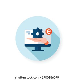 Icono plano de servicios electrónicos. Nuevo concepto normal. Soporte en línea, comercio, mantenimiento. Nueva vida después del brote de covid19. Tiempo pandémico, influencia. Ilustración vectorial de color aislada con sombra