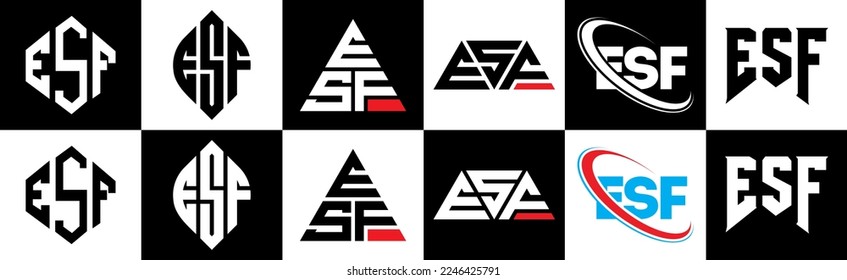 ESF letter logo design in six style. ESF polygon, circle, triangle, hexagon, flat and simple style with black and white color variation letter logo set in one artboard. ESF minimalist and classic logo