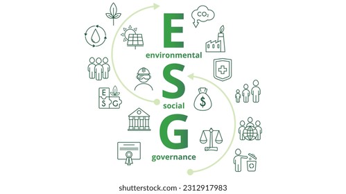  Cartel de ESG. Abreviatura Gobernanza ambiental, social y corporativa. El concepto de negocio responsable. Rendimiento para el análisis de inversiones. Ilustración del vector