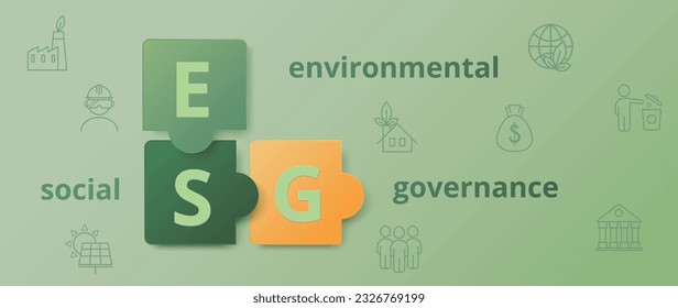 ESG banner. An abbreviation in the form of puzzles. Environment, Social, Governance. Vector illustration