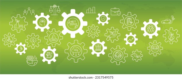 ESG Banner, Environment, Society and Corporate Governance includes Net zero, global, environment, with icons and Multi Wheel, sprockets on a green background, Web and Social Header Banners for ESG