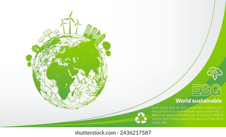 Banner ESG para Medio Ambiente, Sociedad y Gobierno Corporativo, Contribuciones a temas ambientales y sociales, Desarrollo sostenible mundial, Ilustración vectorial