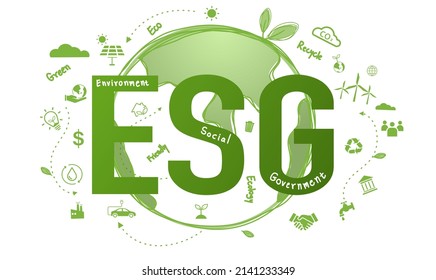 ESG Banner Icon Concept For Business And Organization, Environment, Social, Governance On Green World Background.