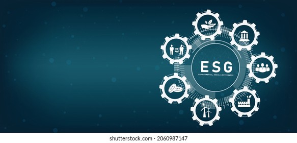 ESG Banner Icon Concept - Environment, Society and Governance in Sustainable and Ethical Business on Networking and Organizational Connections, Solution Information Banner, Vector