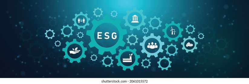 ESG-Banner-Konzept - Umwelt, Gesellschaft und Governance in nachhaltigem und ethischem Geschäftsleben über Vernetzung und organisatorische Verbindungen, Solution Information Banner, Vektorgrafik