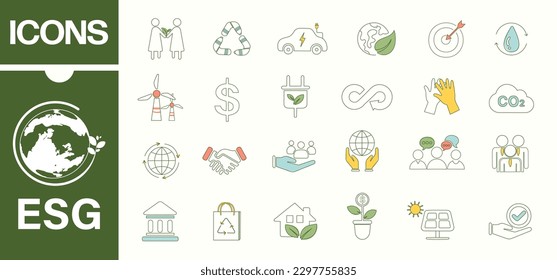 ESG banner icon set for business and organization, Environment, Social, Governance and sustainability development concept. Flat design with outline vector illustration.