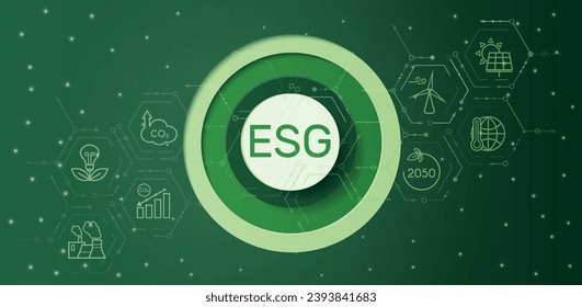 ESG banneron un fondo verde de hexágonos. Concepto de negocios sustentable. Medio ambiente, social, gobernanza, rendimiento de sostenibilidad empresarial.Ilustración del vector de papel.