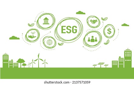 ESG banner web icon for business and organization, Environment, Social, Governance in the sky with green city.