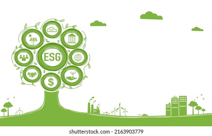 Icono de la web de banner de ESG para negocios y organización, Medio Ambiente, Social, Gobierno en el cielo con ciudad verde.