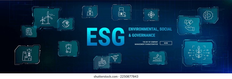 Icono web de banner de ESG para empresas y organizaciones. Gobernanza ambiental, social corporativa. Cartel de Info que llama a recordar la participación en la resolución de problemas ambientales, sociales y de gestión