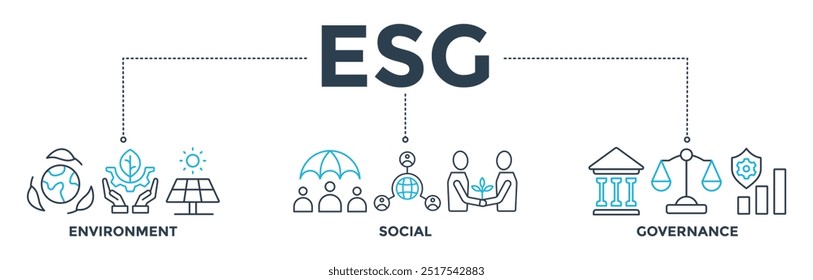 Ilustração de vetor de ícone da Web de banner do ESG para Ambiente Governança Social do desempenho de sustentabilidade corporativa para triagem de investimentos 
