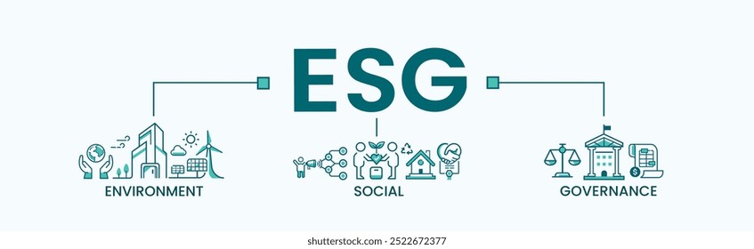 Vetor de ícone da Web de banner do ESG para negócios e organização, Ambiente, Social, Participante, Governança, desempenho de sustentabilidade corporativa para triagem de investimentos. Infográfico mínimo.