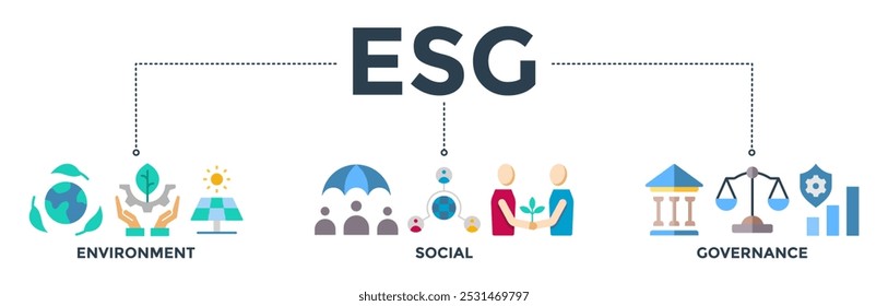 Ilustração de vetor de ícone da Web de banner do ESG para Ambiente Governança Social do desempenho de sustentabilidade corporativa para triagem de investimentos 
