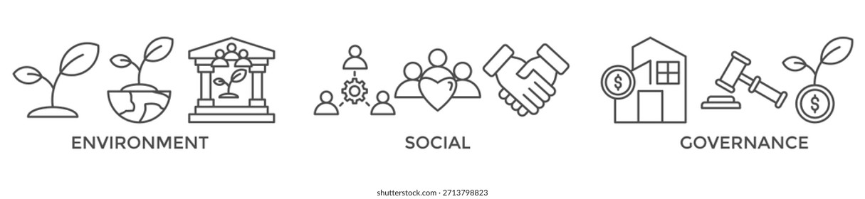 Ilustração de vetor de ícone da Web de banner do ESG para Ambiente Governança Social do desempenho de sustentabilidade corporativa para triagem de investimentos