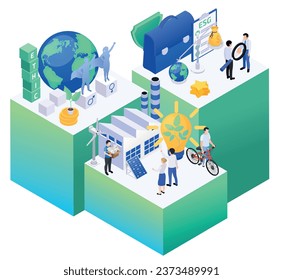 Esg business environmental social governance isometric concept with people taking care of nature and staff rights promoting gender equality vector illustration